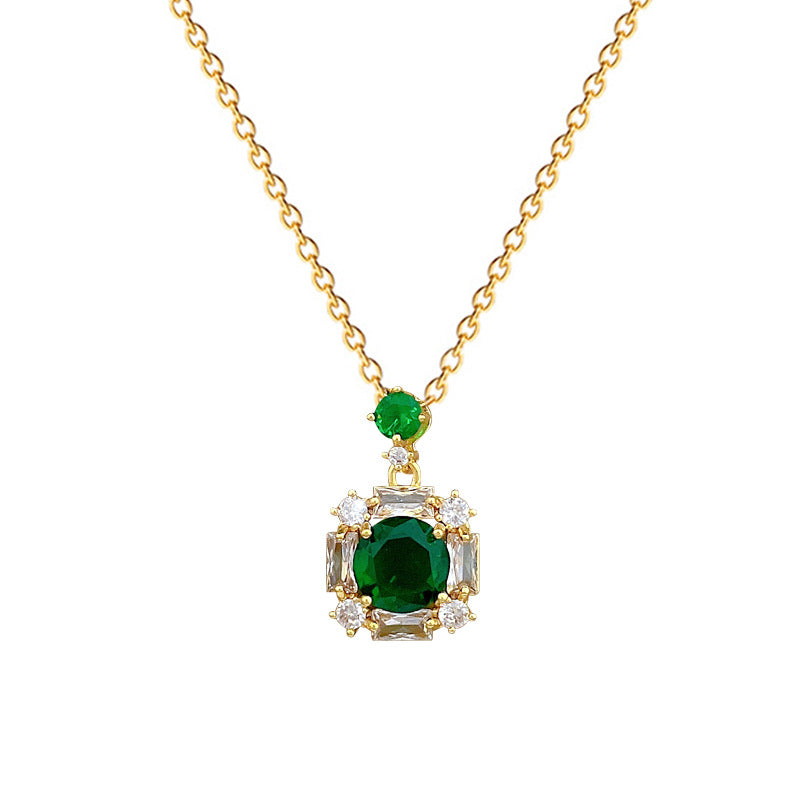 Square Emerald Fashion Gorgeous Full Diamond Necklace Women’S All-Match Clavicle Chain Titanium Steel