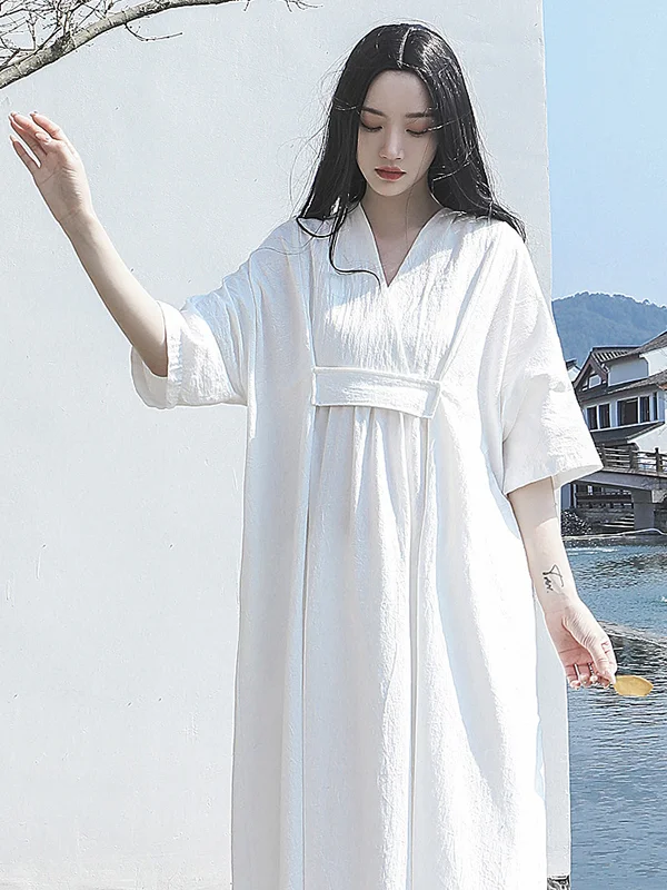 Simple Half Sleeves Loose Solid Color V-Neck Midi Dress