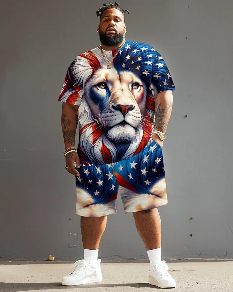 Men's Plus Size Independence Day Flag Lion Print T-Shirt Suit