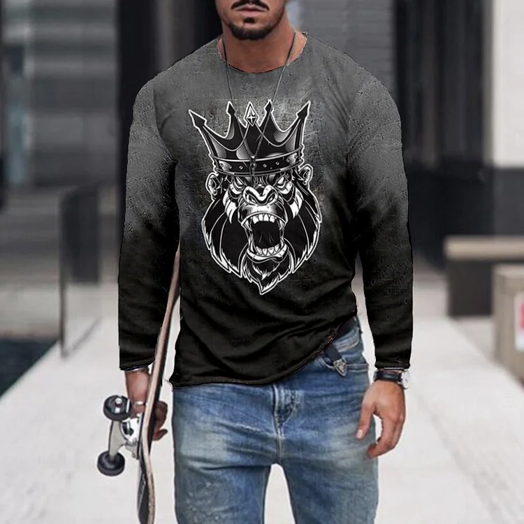 Black And Gray Leisure Long Sleeves T-Shirt