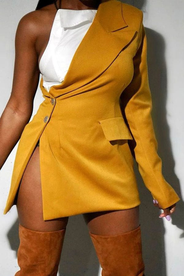 Yellow Notched Lapel Chic Irregular Mini Dress