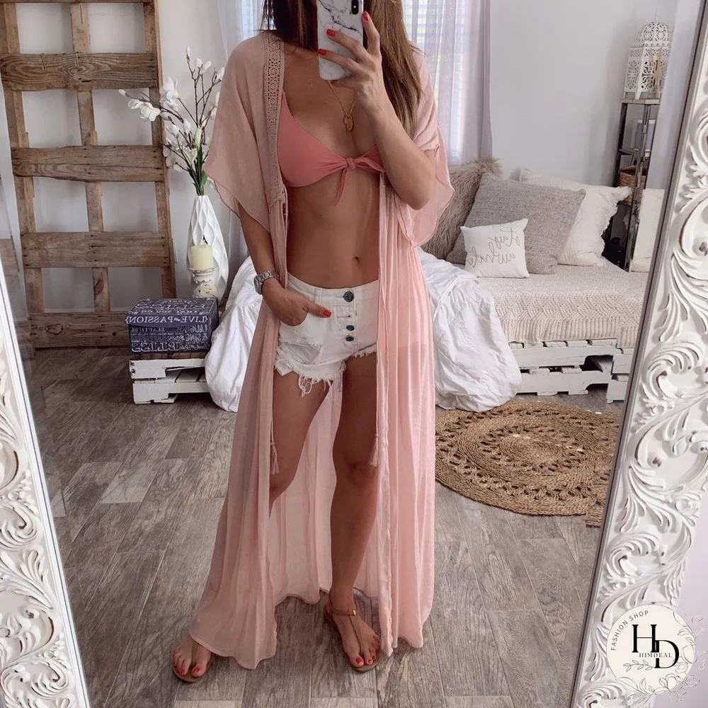 Summer Lace Cardigan Solid Color Holiday Style Dress Long Skirt