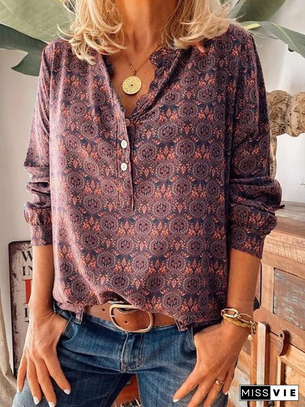 Women Vintage Floral Printed Blouse