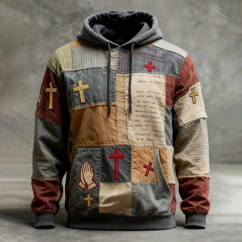Men's Vintage Faith Patchwork Print Casual Hoodie elevenforest