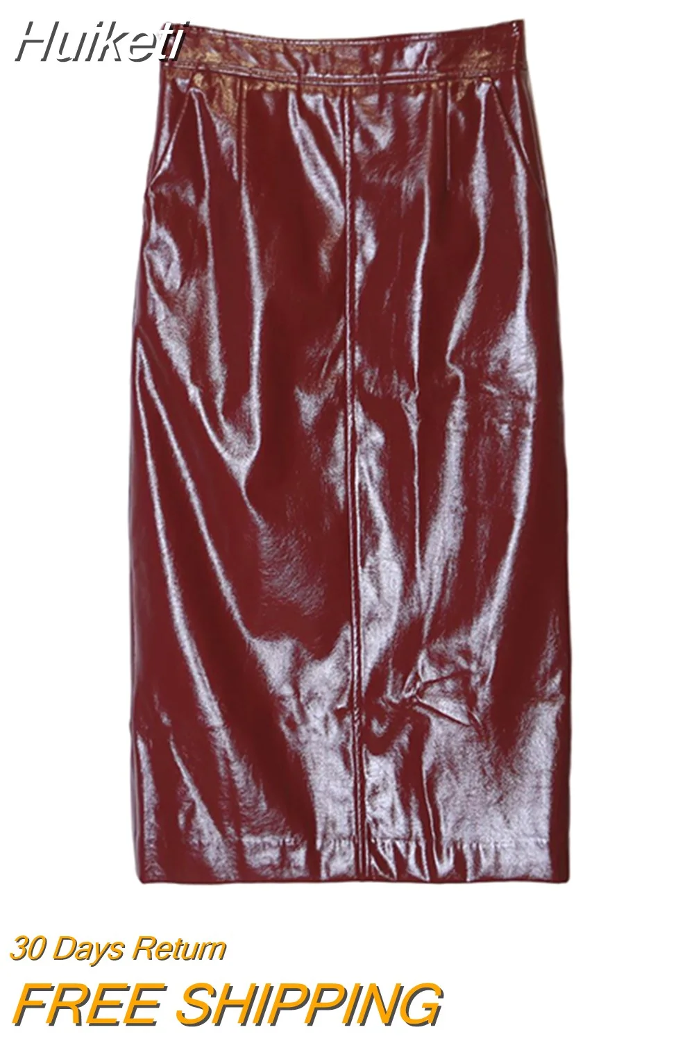 Huiketi Spring Autumn Shiny Reflective Patent Pu Leather Midi Pencil Skirt Women High Waist Long Luxury Designer Clothes 2023