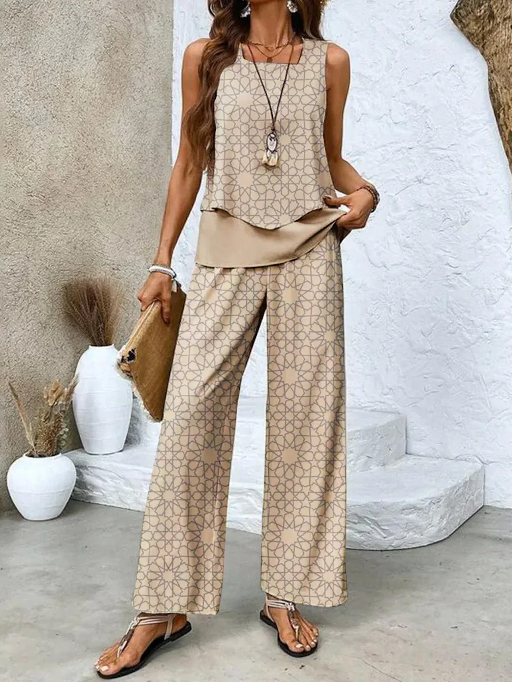 Women's Sleeveless Square Collar Graphic Printed Casual Set