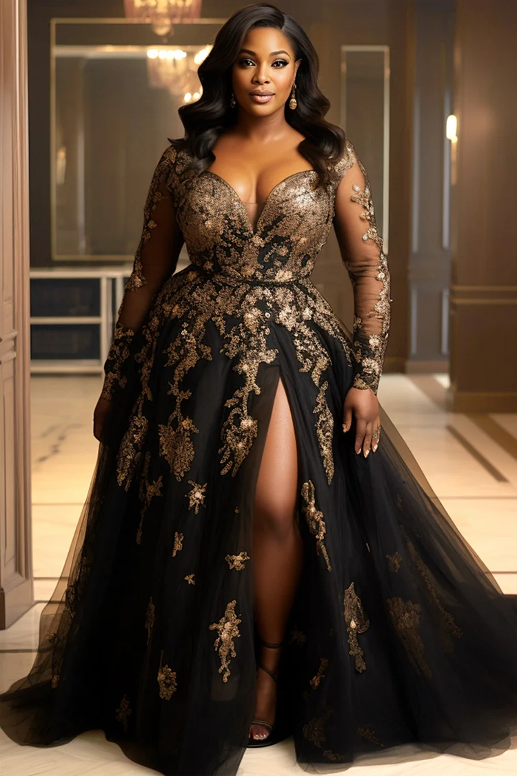 Xpluswear Design Plus Size Formal Black Elegant V Neck Long Sleeve Split See Through Tulle Maxi Dresses [Pre-Order] 2024 - Xpluswear