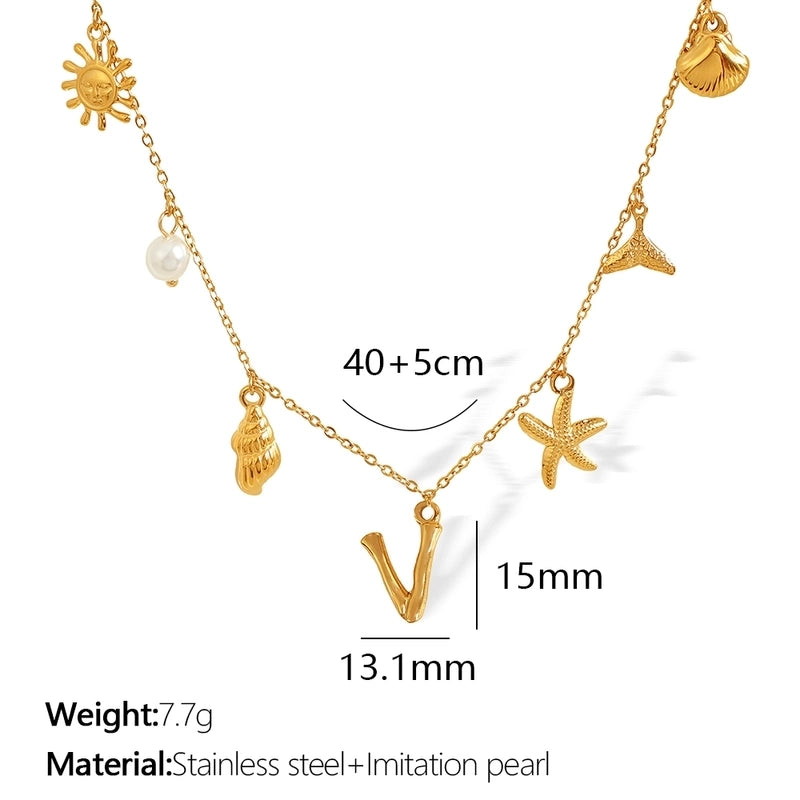 Beach Starfish 304 Stainless Steel Artificial Pearls 18K Gold Plated Polishing Inlay Pendant Necklace