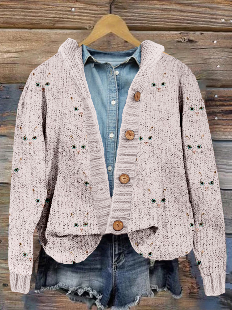 Cute Cat Face Pattern Cozy Hooded Button Cardigan wearshes