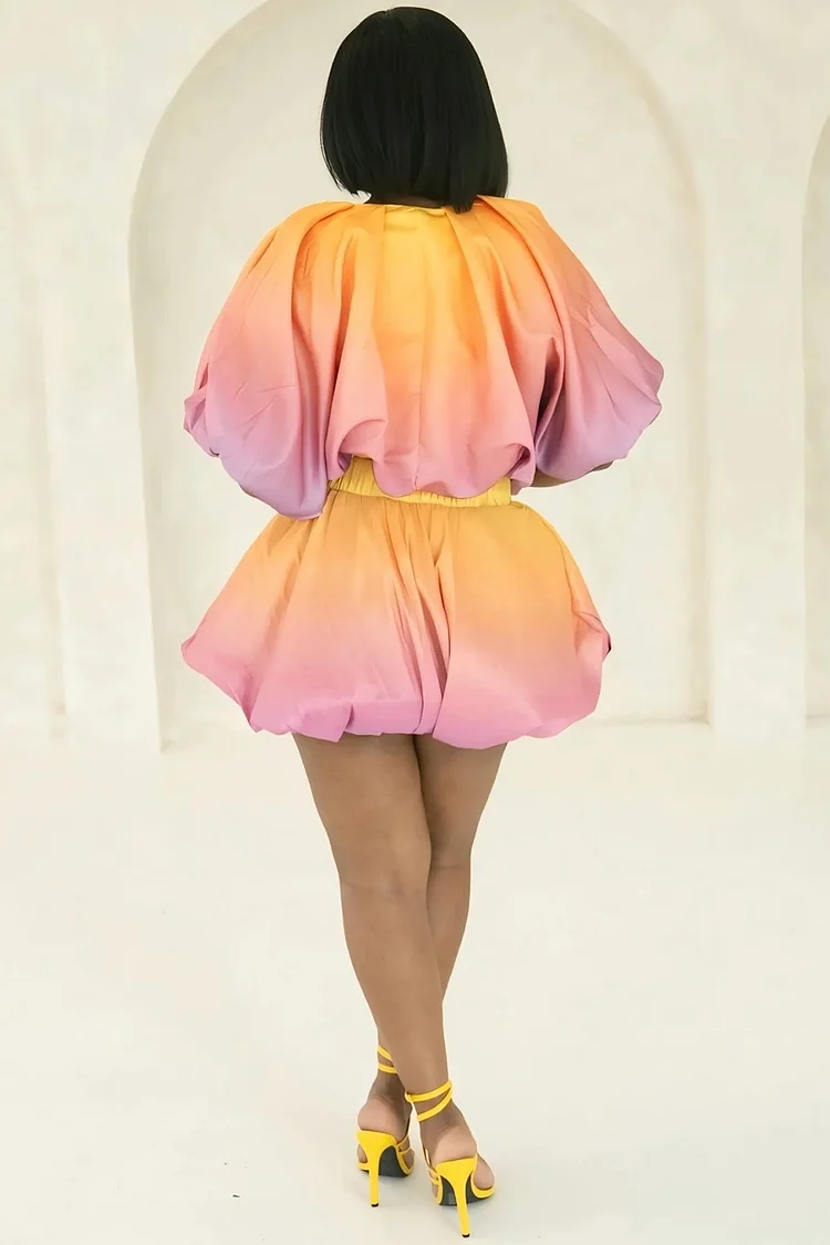 Plus Size Daily Multicolor Gradient Puff Sleeve Short Sleeve Bubble Casual Two Piece Skirt Sets [Pre-Order]