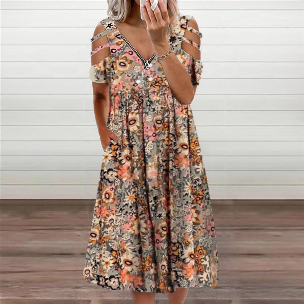 Trendy Print Side Pocket Midi Dress