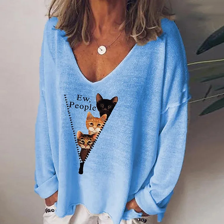 Wearshes V-Neck Zip Cat Print Long Sleeve T-Shirt