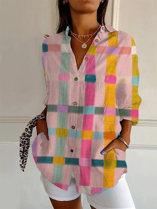 Women's Colorful Grid Printed Long Sleeve Shirt
