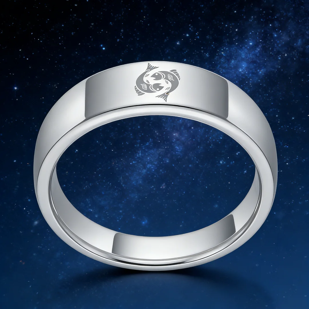 Pisces Tungsten Carbide Rings Sliver Flat Wedding Bands Comfort Fit Mens and Womens 4MM 6MM 8MM Width