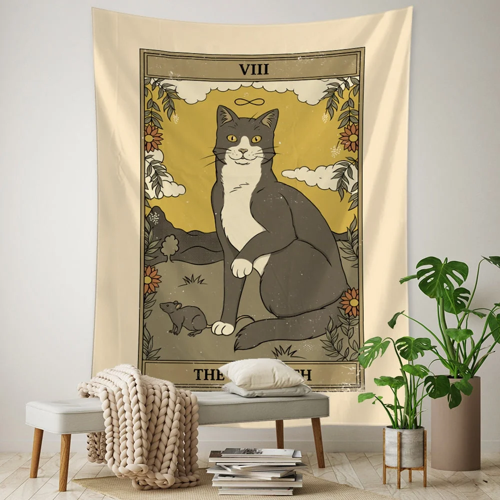 Tarot Card Tapestry Wall Hanging Bohemian Style Cat Mysterious Divination Witchcraft Beach Moon Phases Beautiful Room Decor