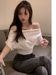 Ejiekang Y2k Aesthetic Irregular 2025 Summer Skew Collar T-shirts Off Shoulder Casual Slim Crop Tops Woemn Elegant Sexy Short Sleeve Tees