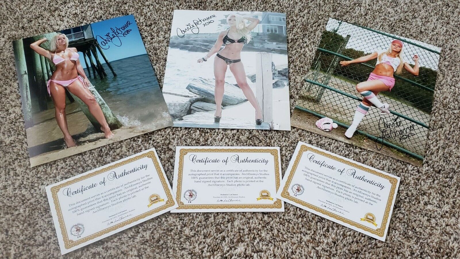 Lot of 3: Carrie LaChance Autographed/Signed Sexy 8x10 Photo Poster painting +COA's for each