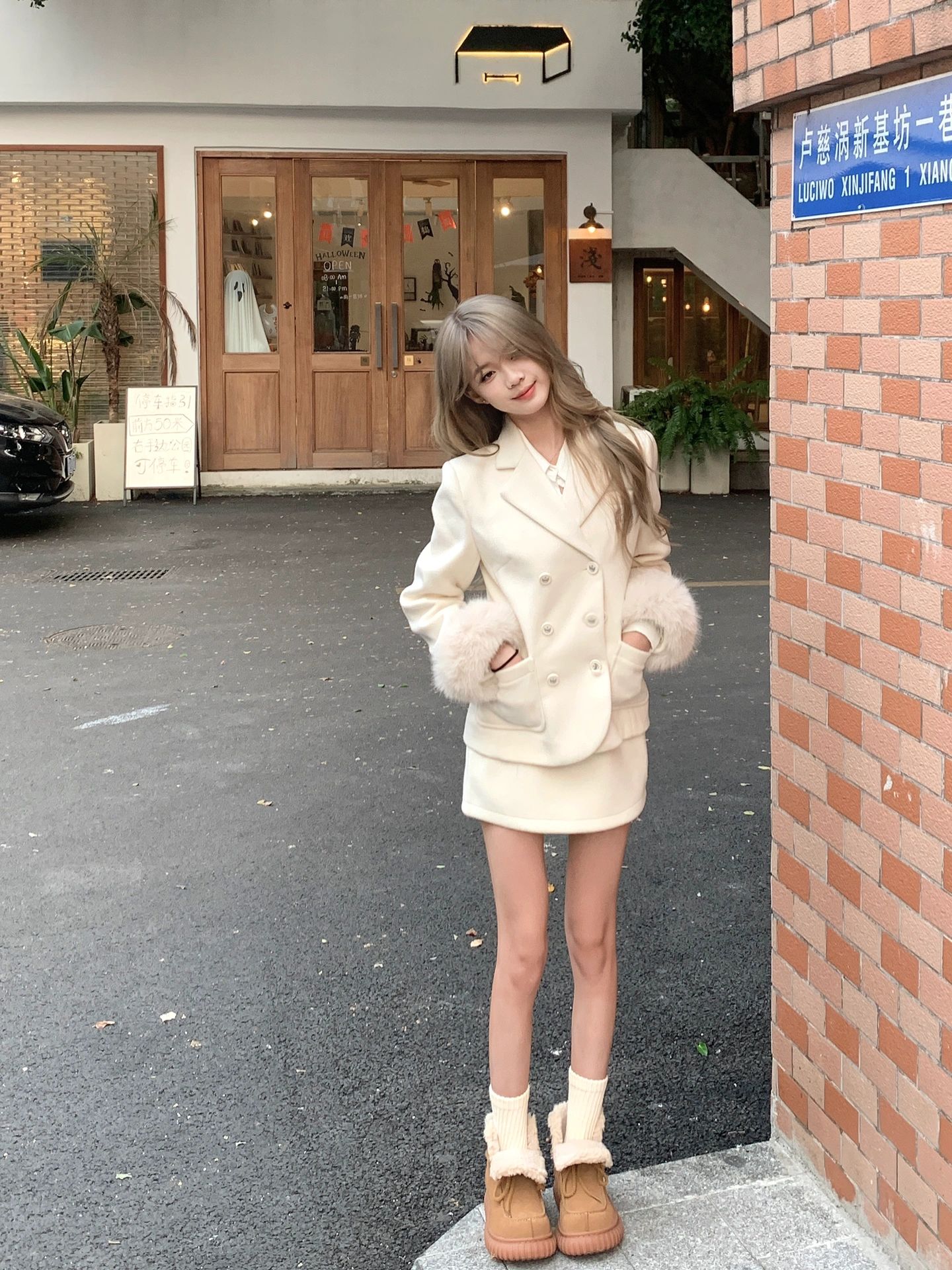 Elegant 2 piece Set Women Blazer Fuax Fur Patchwork Long Sleeve Jacket Mini Skirt Solid Suit Autumn Winter Korean Casual Outfits