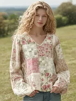 Women's Retro Floral Patchwork Pattern Linen V-neck T Shirt