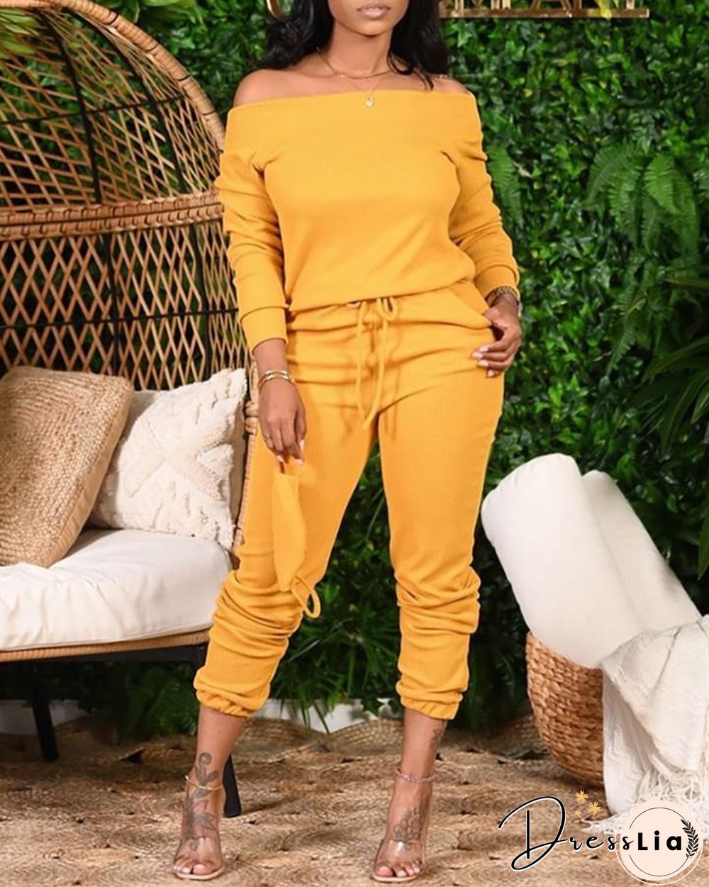 Plus Size Plain Long Sleeve Top & Drawstring Pants Set P14071