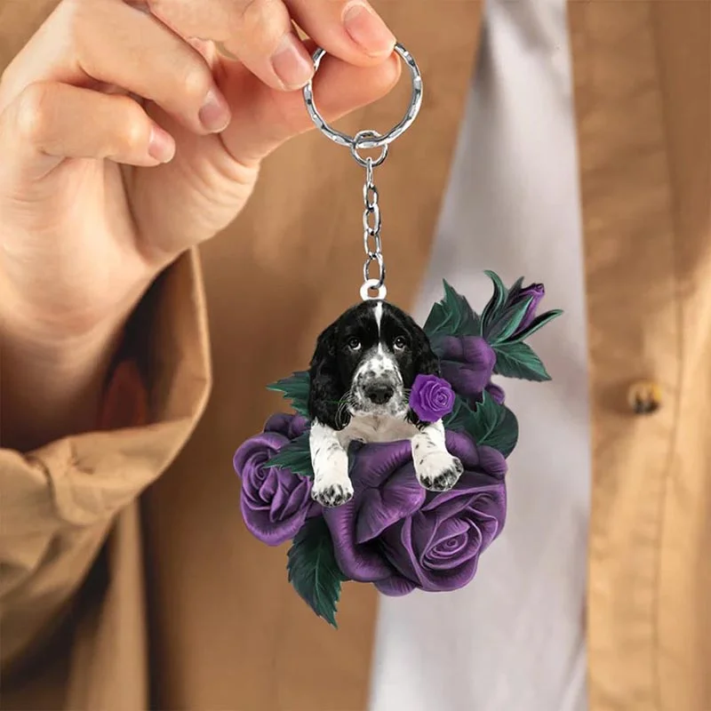 VigorDaily English Springer Spaniel In Purple Rose Acrylic Keychain PR014