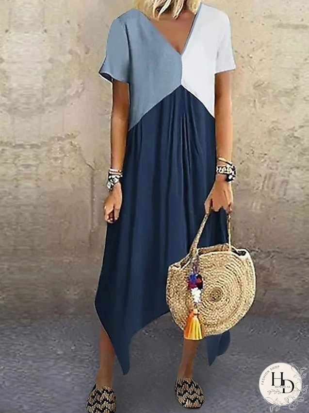 Casual Dress Midi Dress Green Light Blue Short Sleeve Color Block Patchwork Spring Summer V Neck Stylish Loose Fit S M L XL XXL 3XL 4XL 5XL for Women