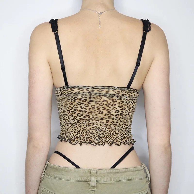 Toloer Toloer Hot Girl Leopard Print Mesh Gauze Bow Sling V Collar Lace Stitching Slim Wooden Ear Vest-Outfit Ideas