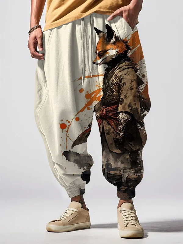 Men's Fox Warrior Watercolor Art Print Loose Drawstring Waist Sweatpants