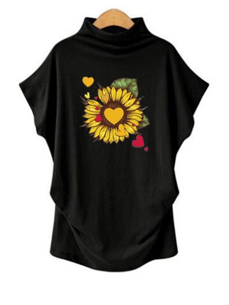 Flower Print Turtleneck Short Sleeve T shirt P1668978