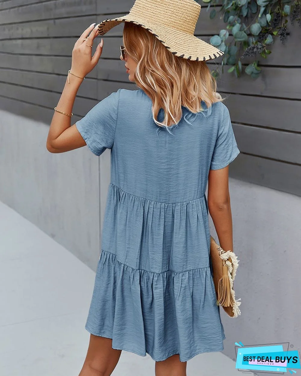 Women's Solid Color Dress Spring and Summer Short Sleeve Cotton Skirt