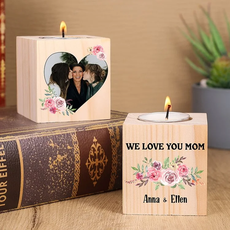 Personalized Photo Block Candle Holder We Love You Mom Wooden Candlesticks