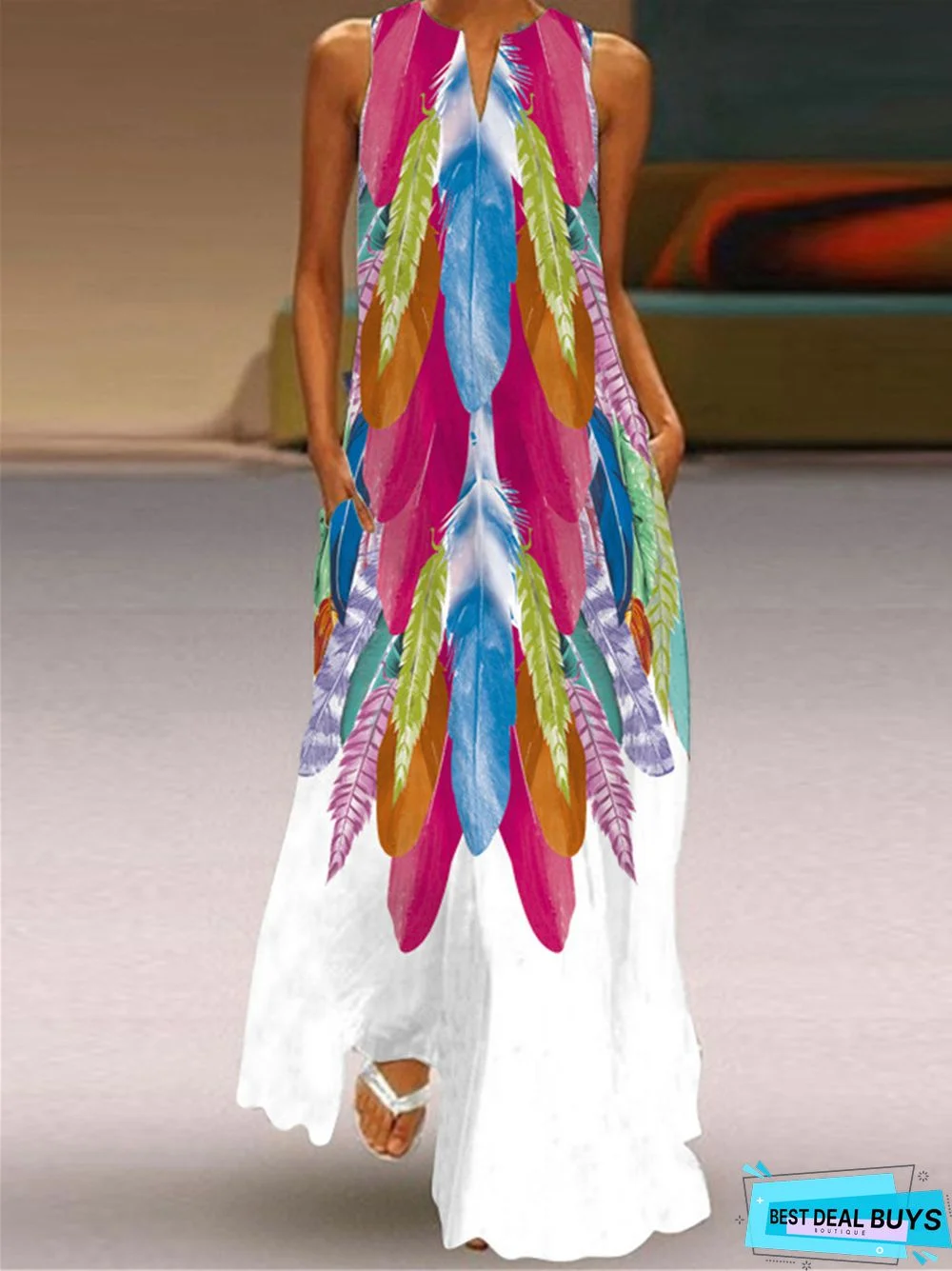 Digital Printed V-Neck Sleeveless Dress Pocket