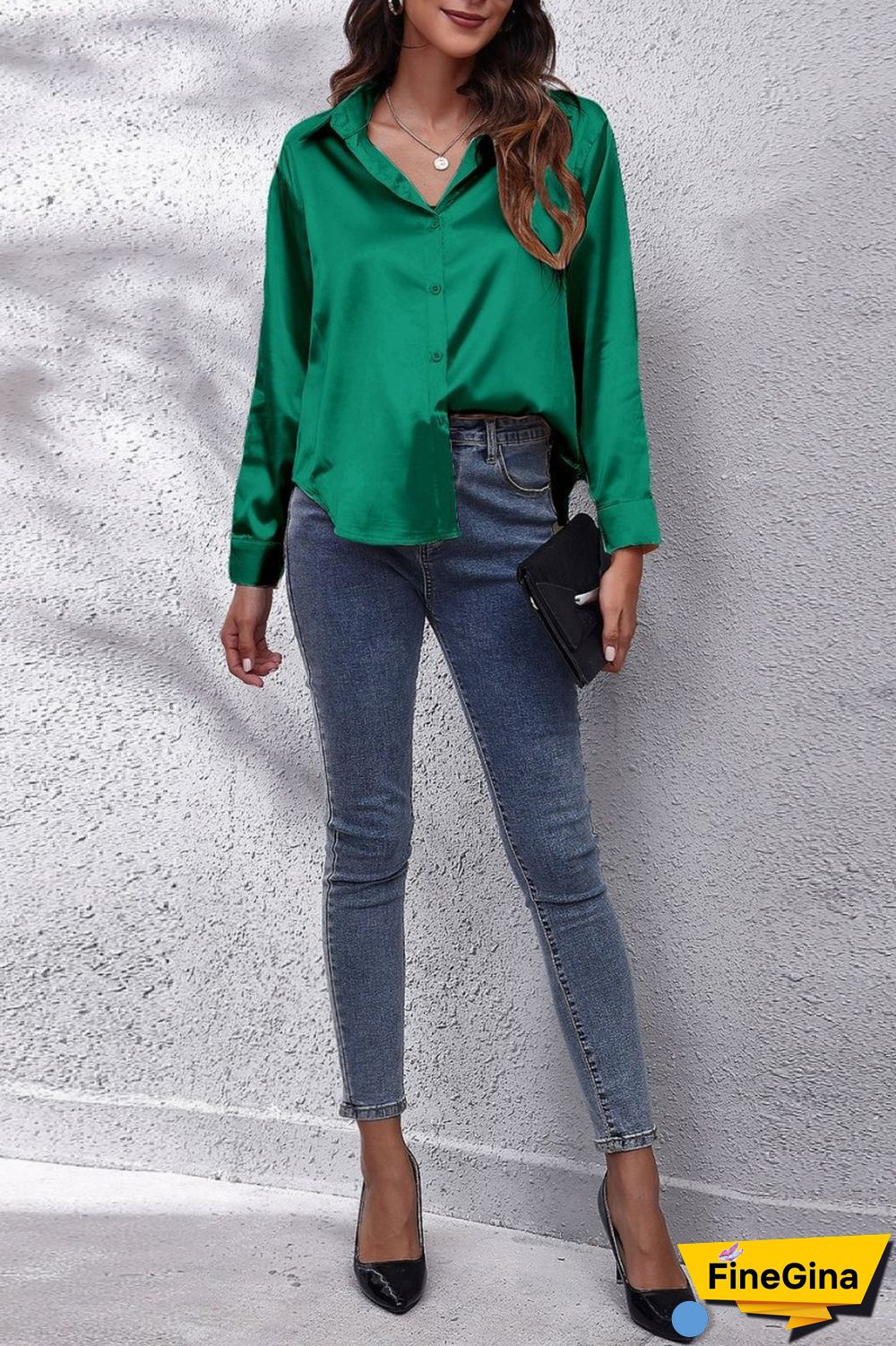 Green Casual Solid Basic Shirt Collar Tops
