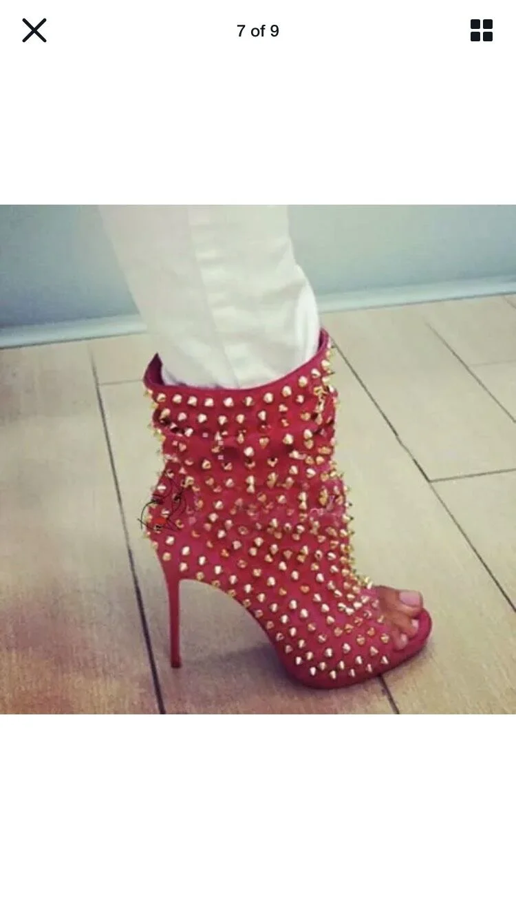 Red Stiletto Heel Ankle Boots with Studs Vdcoo