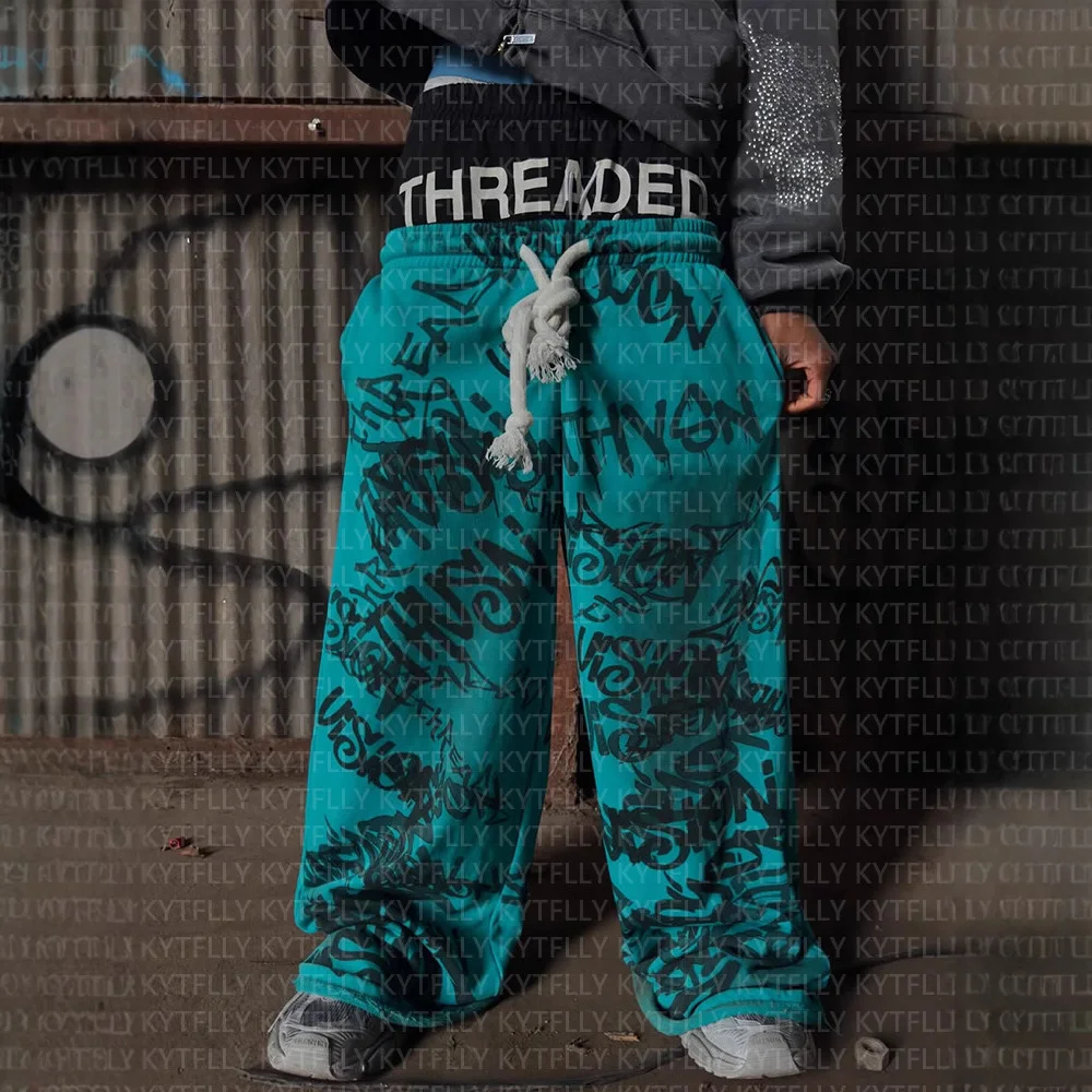 Athvotar Athvotar New Popular Print Wide Leg Pants Fake Two Teen Hip Hops