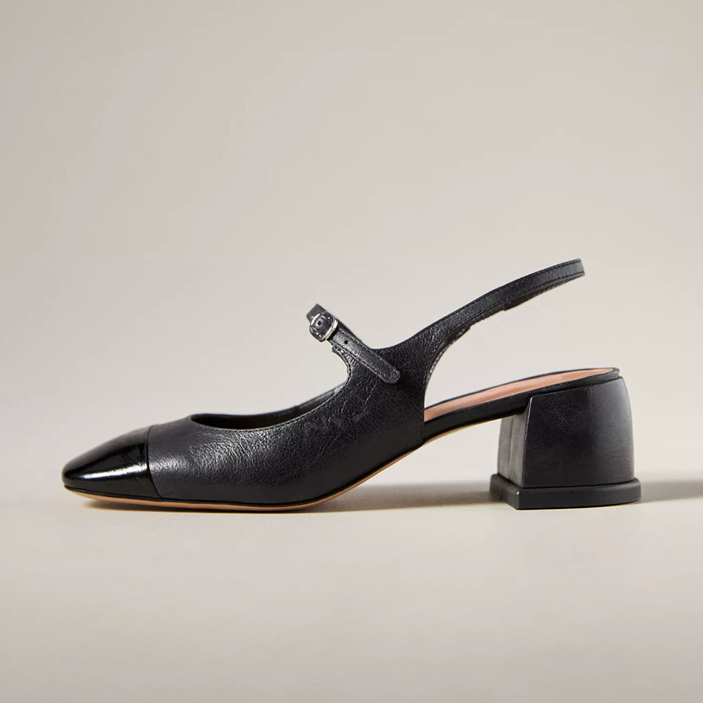 Black Vegan Leather Square Toe Chunky Heel Buckle Slingback Pumps Nicepairs