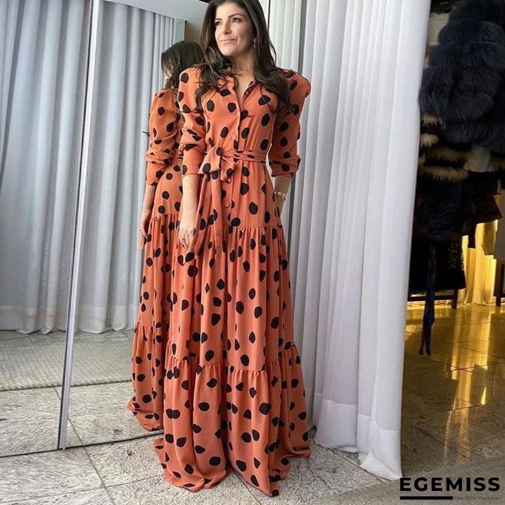 Elegant V-Neck 3/4 Sleeve Polka Dot Printed Slim Fit Maxi Dress | EGEMISS