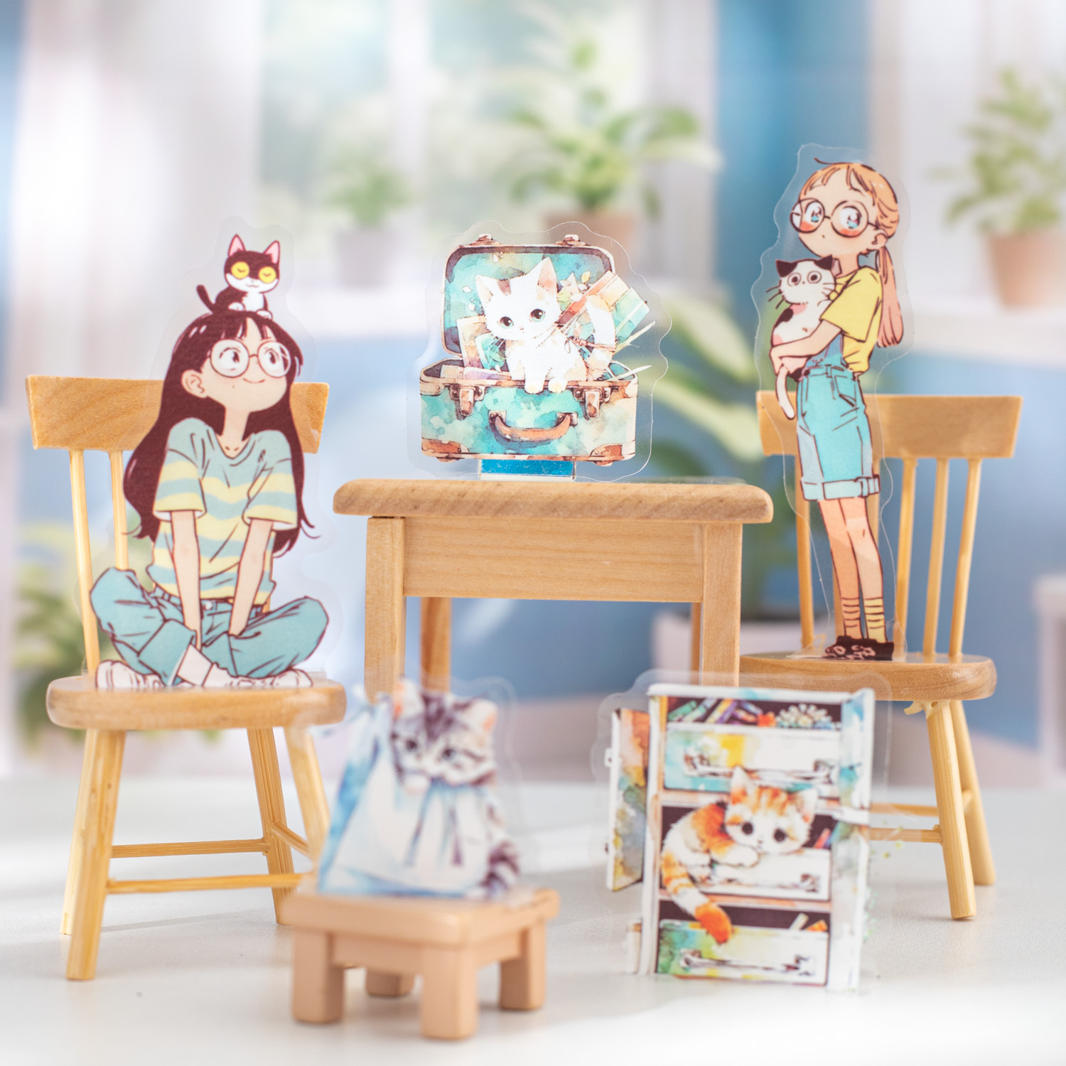 스티커 - 진샤오구 시리즈의 하루 귀여운 소녀 꽃책 커피 풍경