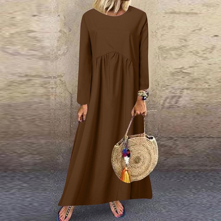 Long-sleeve casual loose cotton and linen dress