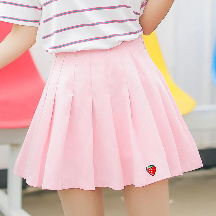 Kawaii Strawberry Embroidered Pleated Skirt SP14804