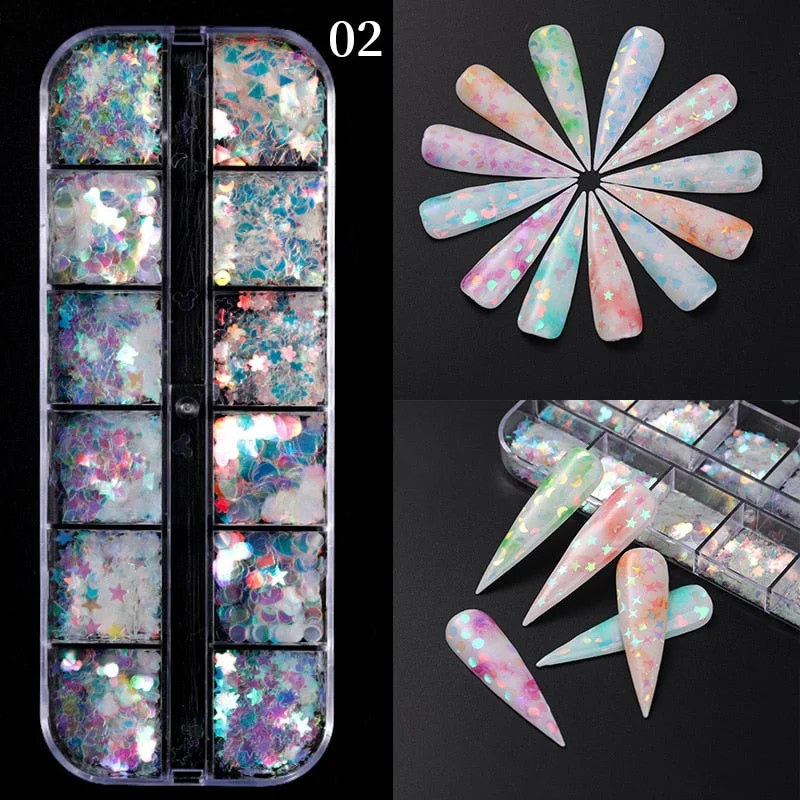 12 Grids Spangles Nail Sequins Aurora AB Nail Flakes Stunning Pailliette Heart Butterfly Spring Sticker Nart Tips Decoration-Nail Inspo