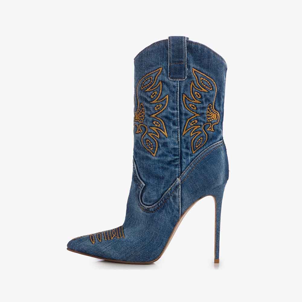 Blue Denim Pointy Toe Stiletto Heel Western Boots for Women