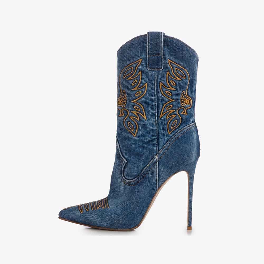 Blue Denim Stiletto Booties Eagle Embroidery Western Boots for Women Nicepairs