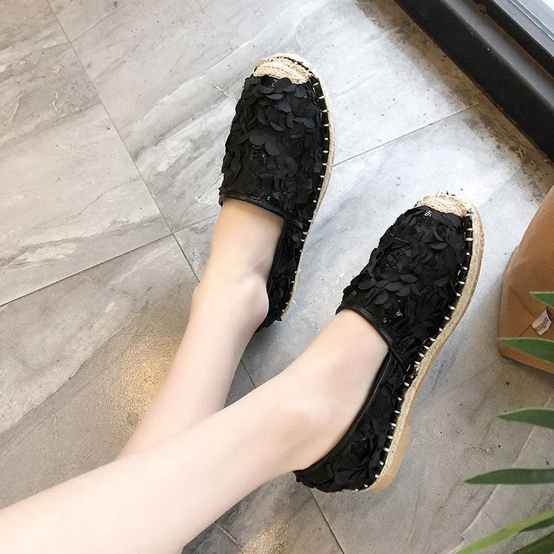 Flat Woven Straw Twine Fisherman Shoes Female Retro Flower Sequins Single Shoes One Pedal Cloth Shoes