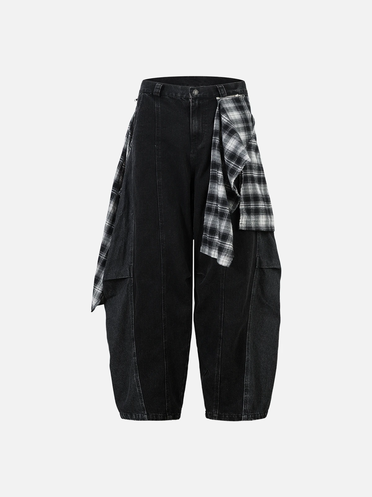 Black Act Chic Detachable Plaid Skirt Baggy Jeans Front