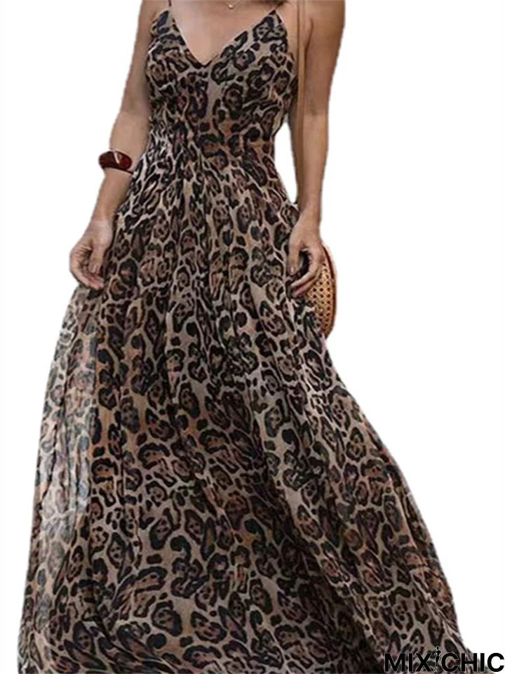 Fashion Leopard V-Neck Sexy Sling Backless Dress