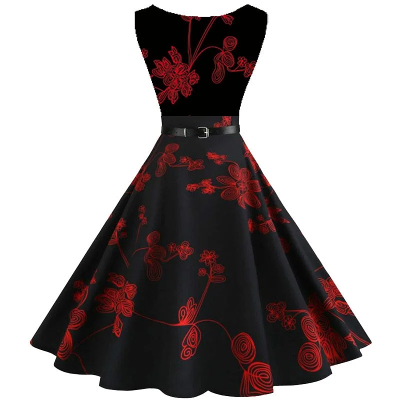 Women Vintage Floral Print Summer Dress Elegant Swing Rockabilly Party Dresses Casual Midi Tunic Beach Dress