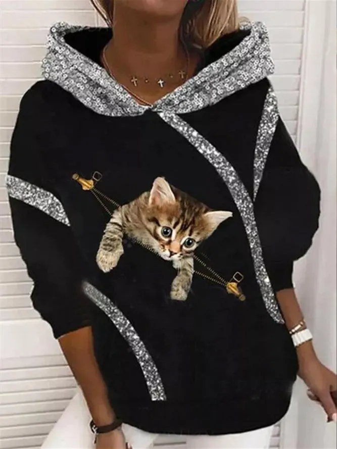 Women Long Sleeve Hooded Cat Print Sweatshirts