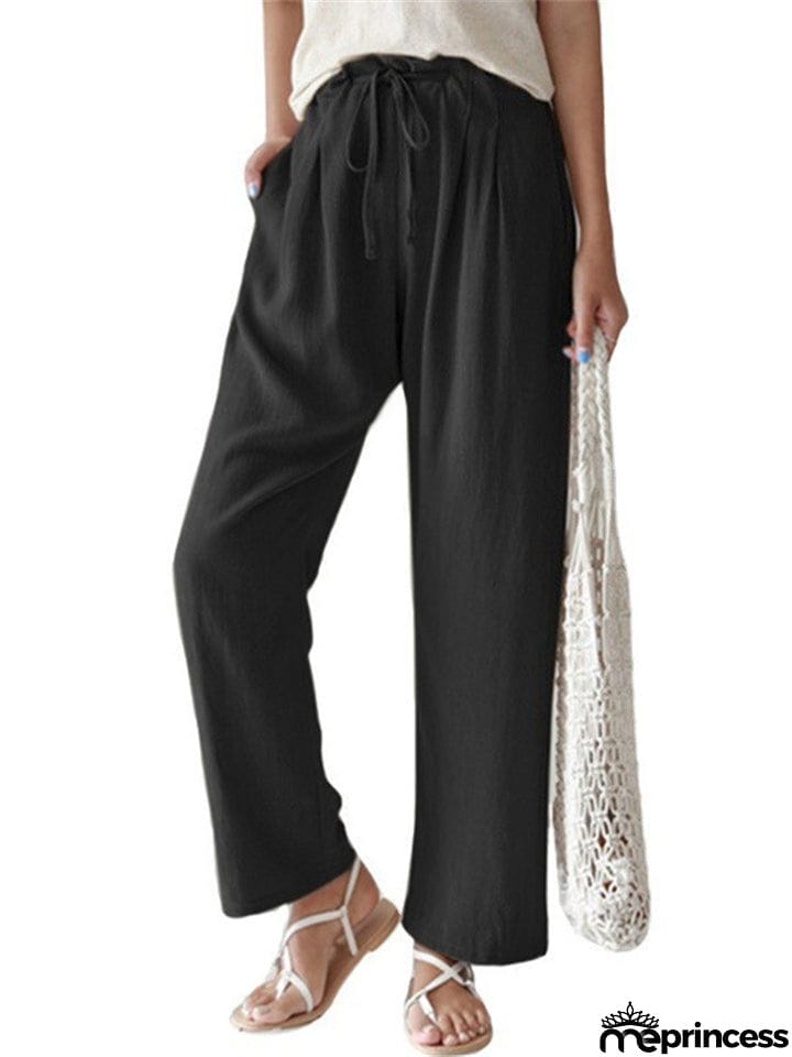 Female Leisure Solid Color Drawstring Linen Cotton Pants