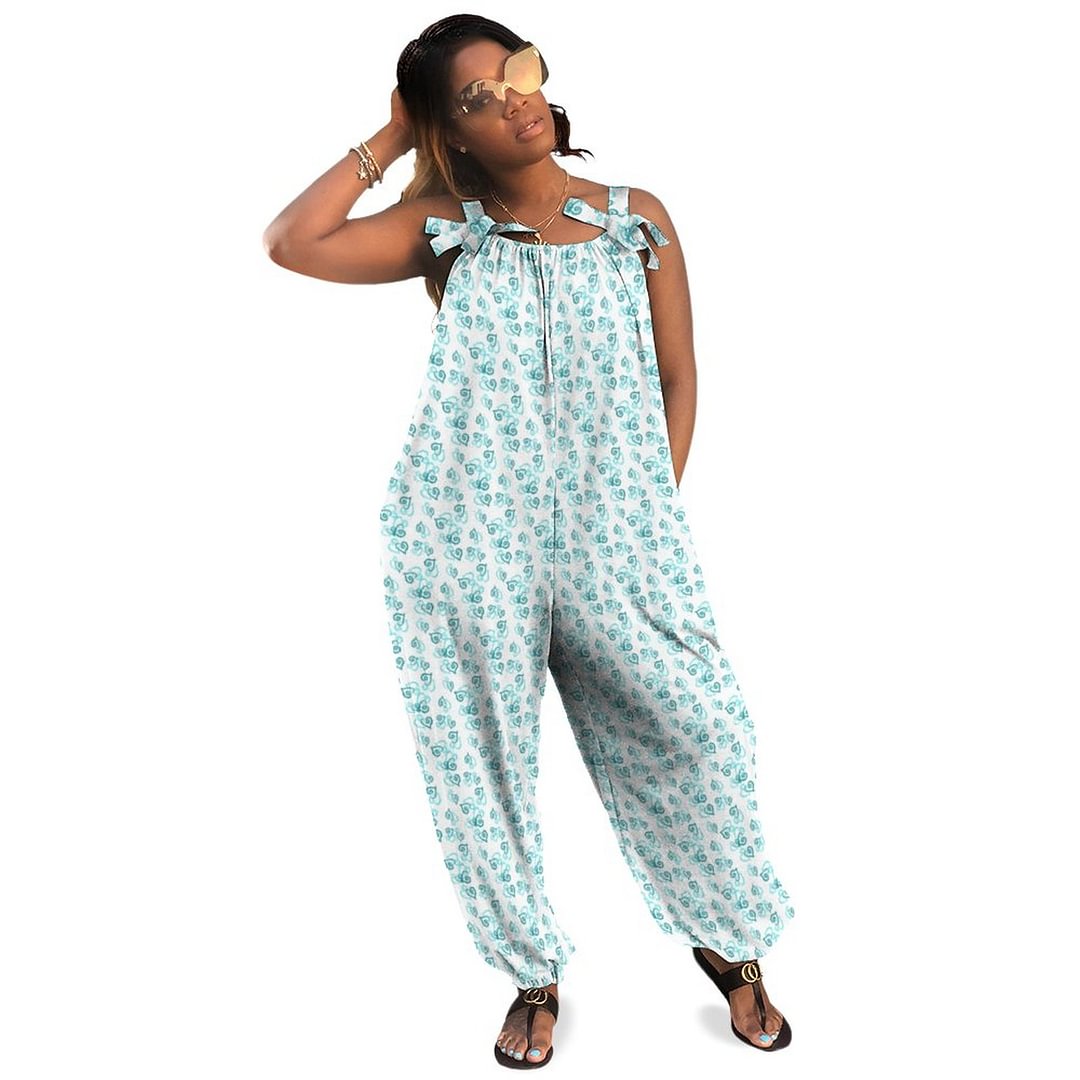 Small Linked Teal Hearts Pattern Over White Boho Vintage Loose Overall Corset Jumpsuit Without Top